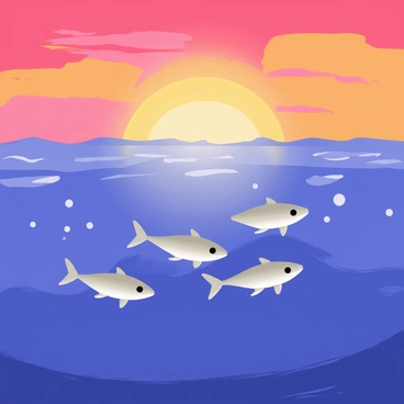 A group of small, silver anchovies swimming close to the surface of the ocean. The water is a deep blue, reflecting the hues of a vibrant sunset. The sky is filled with shades of orange, pink, and purple as the sun dips below the horizon. Light sparkles on the surface of the water, illuminating the anchovies as they dart playfully. Small ripples surround them, creating a dynamic atmosphere in the tranquil ocean scene.