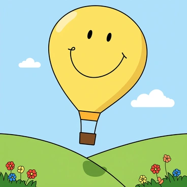 A large hot air balloon shaped like a bright yellow smiley face is floating high in the sky. The balloon has two round black eyes and a wide, cheerful smile. Below, expansive green fields stretch out, dotted with colorful wildflowers in shades of red, blue, and yellow. A few fluffy white clouds can be seen in the blue sky, creating a cheerful atmosphere. The hot air balloon casts a playful shadow on the vibrant grass below, enhancing the lively scene.