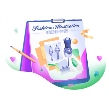 A colorful invitation card featuring the words "Fashion Illustration Certificate Event" in elegant, cursive font at the top. The background is adorned with vibrant pastel colors, blending shades of pink, blue, and yellow. In the center, there is a stylish mannequin dressed in a chic outfit, surrounded by various fashion sketches and brushes. Small decorative elements like stars and hearts are scattered around the edges, adding a playful touch to the design.