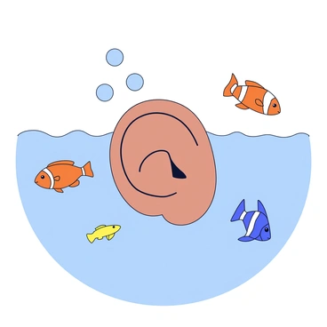An ear submerged in water with fish swimming around it serenely