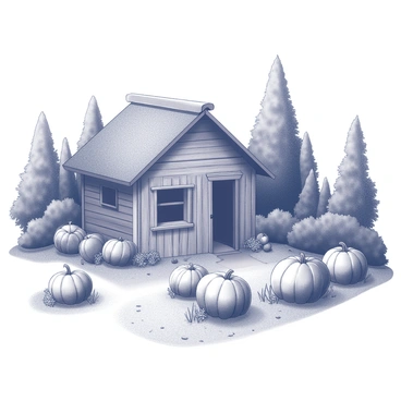 A small, rustic hut with a thatched roof sits in the foreground. The structure is made of weathered wood and features a large, welcoming doorway. Surrounding the hut is a dense forest, with tall trees and thick underbrush creating a natural border. In the garden, several large pumpkins are growing, their shapes varied and slightly irregular. The ground around the pumpkins is rich with details, including patches of grass and small plants. The atmosphere conveys a sense of enchantment and tranquility.