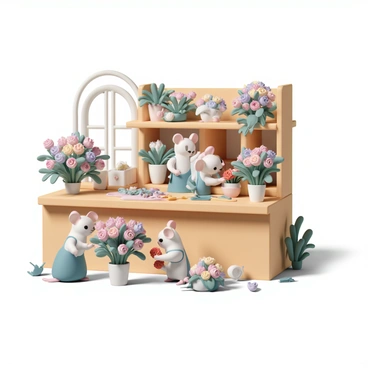 A quaint flower shop interior, with wooden shelves filled with vibrant floral arrangements. Several small mice, wearing tiny aprons, are busy arranging bouquets made of colorful petals and delicate tiny blossoms. One mouse is carefully placing a bright red rose into a vase, while another mouse is sorting through a variety of pastel-colored flowers on a counter. The shop has a charming atmosphere, with sunlight streaming through a window, illuminating the flowers and casting soft shadows. There are also small gardening tools scattered around, adding to the busy yet playful scene.