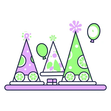 A table is adorned with an assortment of party hats. Each hat is uniquely shaped, featuring a conical design with a wide base. The hats are embellished with "lemon slices" that are arranged around the rims, creating a vibrant and playful appearance. Some hats have "festive patterns" like polka dots or stripes, enhancing their celebratory look. In the background, a few "colorful balloons" float gently, completing the festive atmosphere of the scene.