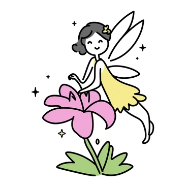 A fairy with delicate wings, wearing a flowing dress made of shimmering petals, is resting on a bright red spider lily. The flower has long, curved stamens and lush green leaves beneath it. The scene is filled with small, sparkling lights that twinkle softly around the fairy, creating an enchanting atmosphere. The fairy's hair is adorned with tiny blossoms, and her expression is calm as she gazes thoughtfully at her surroundings.