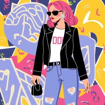 A fashionable woman standing confidently against a graffiti wall filled with vibrant colors and artistic designs. She is wearing a fitted black leather jacket, paired with a white graphic t-shirt and distressed skinny jeans. Her accessories include chunky silver earrings and a stylish black handbag. The woman's hair is styled in loose waves, and she sports trendy sunglasses. The graffiti behind her features bold patterns and bright hues, adding an energetic urban vibe to the scene.