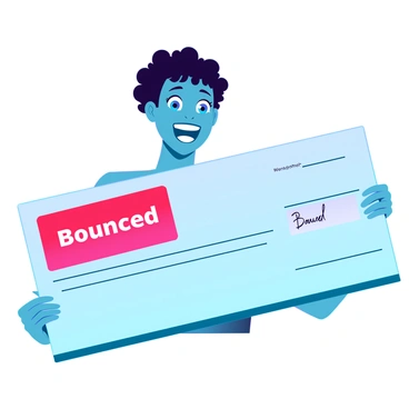 A person with medium skin tone and short curly hair is holding a large check in their hands. Their expression shows excitement, with wide eyes and a broad smile. The check is prominently displayed, featuring a bright red stamp that clearly reads "Bounced." The stamp appears bold and vibrant against the white background of the check, contrasting sharply with the person's enthusiastic demeanor. The setting is an indoor space, subtly indicating a moment of surprise and emotion.