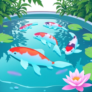 A vivid koi pond with crystal-clear water. The water is filled with brightly colored koi fish, including shades of orange, white, and black, swimming gracefully in synchronized patterns. Lush greenery surrounds the pond, with vibrant green lily pads floating on the surface. Delicate water lilies bloom in shades of pink and white, adding to the vibrant scenery. Sunlight filters through the leaves, creating dappled reflections on the water’s surface. Small pebbles are visible at the bottom of the pond, enhancing the clarity of the scene.