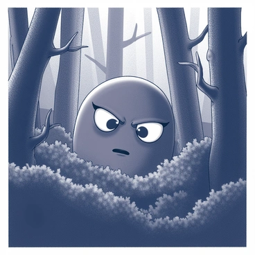 A pair of large, wide eyes can be seen peering through dense foliage in a dark forest. The eyes reflect a sense of fear, glimmering in the shadows cast by the surrounding trees. The forest is filled with towering trunks, twisted branches, and a thick underbrush that obscures the view. The expression in the eyes conveys anxiety and trepidation, capturing the emotion of the moment as they scan the ominous environment.