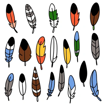 An array of bird feathers displayed in an organized layout. Each feather features a unique color scheme, with some colored using "illustration markers" and others using "alcohol markers". The feathers exhibit diverse textures, including smooth, fluffy, and pointed areas. There are a variety of shapes and sizes, showcasing the intricate patterns and details in their designs. The background is a subtle, soft color to enhance the vibrancy of the feathers.