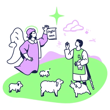 An angel with large wings is hovering above a group of shepherds in a field. The angel has a radiant smile and is gesturing with one hand while holding a scroll in the other hand that reads "Joyful news". The shepherds, dressed in simple tunics, are looking up in awe. One shepherd is holding a staff, while another has a sheep cradled in his arms. In the background, there are rolling hills under a starry sky, and a bright star shines directly above the scene. A few sheep are grazing near the shepherds, adding to the pastoral atmosphere.