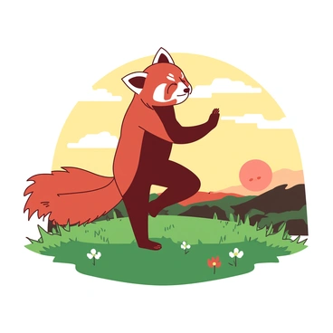 A red panda is standing on a grassy hill while practicing yoga at sunrise. The warm sun casts a gentle glow over the landscape, highlighting the red panda's fluffy fur. In the foreground, the grass is vibrant green, with small wildflowers scattered throughout. The sky is filled with soft shades of orange and yellow as the sun rises, creating a serene atmosphere. The red panda is in a balanced pose, concentrating with its eyes closed, showcasing its skills in yoga.
