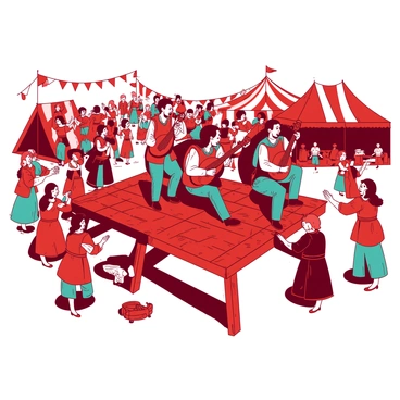 A red medieval fair is bustling with activity, featuring several minstrels playing lutes on a raised wooden platform. The musicians have vibrant clothing, with one wearing a teal tunic and another in a matching teal vest. Around them, groups of people are dancing merrily in colorful garments. Some dancers are holding hands, twirling in unison while others are clapping to the rhythm of the music. In the background, there are colorful tents selling various goods, and a few children are playing with wooden toys. The atmosphere is lively and festive, filled with laughter and joy.