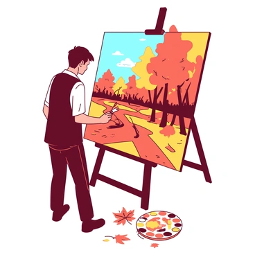 An artist is standing in front of a large canvas, deeply focused on painting a colorful fall landscape. The landscape features a vibrant array of trees with orange and yellow leaves, showcasing the essence of autumn. In the foreground, there are fallen leaves scattered on the ground, creating a rich tapestry of colors. The artist's easel holds the canvas that reflects the rich hues of the scene, while a palette filled with various colors lies nearby. The artist's brush is poised above the canvas, ready to add details that bring the autumn landscape to life.