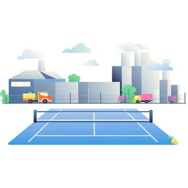 A pickleball court in an industrial area with factories and warehouses nearby