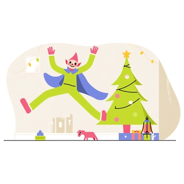 An elf on the shelf with bright red cheeks and pointed ears is wearing a vibrant blue cape. The elf is hovering in mid-air, arms outstretched as if soaring through the room. The background shows a cozy living room with a decorated Christmas tree and twinkling lights. Soft shadows are cast on the walls, emphasizing the elf’s playful pose. A few scattered toys lie on the floor below, adding to the whimsical atmosphere.
