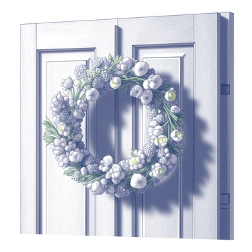A handmade floral wreath composed of various dried flowers and an assortment of greenery. The wreath has a circular shape, with the flowers arranged in a balanced manner, creating an organic look. The greenery is intertwined with the flowers, adding texture and depth. This wreath is hanging on a rustic wooden door, characterized by its weathered texture and natural finish. The door features visible wood grains, knots, and an aged appearance, enhancing the overall rustic charm of the scene.