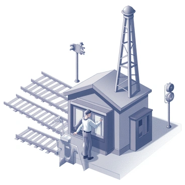 A vintage train signal station is depicted, showcasing its distinct architecture with a tall wooden structure. A worker is positioned inside the station, actively pulling a series of levers to change the tracks. The worker is wearing a cap and a uniform, focused on his task. The background features old-fashioned track layouts and a signal post with swinging arms, indicating train movements. The atmosphere conveys a sense of historical railway operations, with intricate details of machinery and tools around the worker.