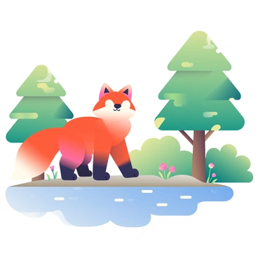 A red fox with a thick bushy tail is standing on the bank of a bubbling brook. Its ears are perked up, and its nose is raised, sniffing the air. The fox's fur is a vibrant orange with white markings on its chin and tip of the tail. The brook flows gently in front of it, with clear water reflecting the sunlight. Surrounding the brook are tall green trees with lush foliage, and patches of colorful wildflowers bloom along the water's edge. The scene is tranquil, capturing the essence of a peaceful woodland habitat.