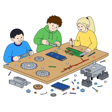 A group of three children, two boys and one girl, are gathered around a large workshop table. The first boy has short black hair and is wearing a blue t-shirt. He is focused on connecting shiny metal gears together. The second boy has curly brown hair and is wearing a green hoodie. He is carefully placing colorful circuit boards next to the gears. The girl has long blonde hair tied in a ponytail and is wearing a yellow shirt. She is holding a small screwdriver, ready to attach components. The table is cluttered with a variety of robot parts, including wires, screws, and tools, all scattered about, creating a lively and busy atmosphere.