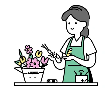 A florist, wearing a green apron, is standing at a wooden table. She is arranging a beautiful bouquet consisting of mixed seasonal flowers, including tulips, daisies, and roses. The flowers display a variety of colors, such as pink, yellow, and white. The florist is delicately trimming the stems and carefully positioning the flowers to create an appealing composition. Nearby, a basket filled with additional flowers is visible, along with a pair of scissors and a roll of twine.