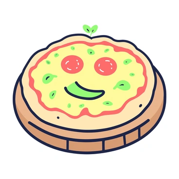 A pizza with a round crust is placed on a wooden pizza board. The surface of the pizza is covered with melted cheese, creating a golden layer. Two slices of pepperoni are arranged on the upper part of the pizza to form the eyes. A slice of green bell pepper is positioned below the eyes, creating a wide smile. Surrounding the toppings, there are small sprigs of fresh basil scattered across the cheese for added detail. The edges of the crust are slightly charred, indicating it was baked to perfection.