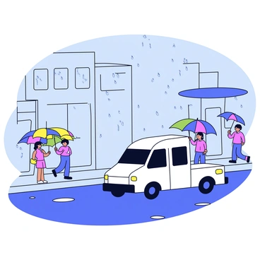 A parcel truck is driving down a wet city street. The truck is white with dark blue accents. Raindrops are falling from the gray sky, creating small ripples in the puddles forming on the asphalt. On the sidewalks, several people are holding colorful umbrellas, which are open against the rain. There are a few puddles on the ground reflecting the vibrant colors of the umbrellas. The buildings lining the street have a modern design, with glass windows that shimmer in the rain.