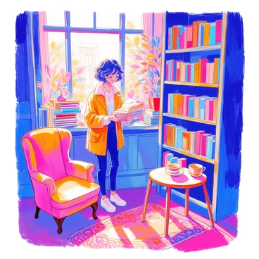 A person with short, curly hair is standing in a quaint, cozy bookstore. They are eagerly flipping through a stack of colorful books, with a joyful expression on their face. The shelves around them are packed with a variety of books in different sizes and colors. Soft warm light illuminates the space, creating a welcoming atmosphere. There is a plush armchair in the corner, along with a small wooden table stacked with additional books and a steaming cup of tea resting on it. A rug with an intricate pattern covers the wooden floor, adding to the cozy ambiance.