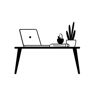 A desk with a sleek design holding a closed laptop at one end. Beside the laptop, there is an open notebook with a pen resting on top. A small, potted plant sits next to the notebook, adding a touch of nature to the arrangement. The overall composition reflects a clean and organized workspace.