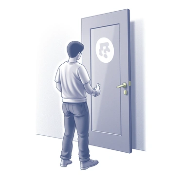A person stands in front of a closed wooden door. Their body language suggests hesitation, with one hand raised near the door handle and a foot slightly in front of the other as if debating whether to enter. The door has a brass knob and is framed by a smooth wall. Subtle shadows hint at the dim light coming from the other side. Sound waves can be depicted as emanating from the door, suggesting lively social event sounds, including laughter and chatter, creating an atmosphere of anticipation and uncertainty.