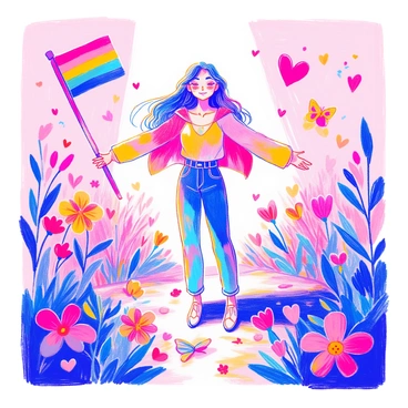 A character stands at the center of the image, arms outstretched in a moment of self-acceptance. They have a confident posture and a serene expression, with long flowing hair that changes in color from one side to the other. Surrounding the character are various symbols representing gender identity, such as a rainbow flag, the transgender pride flag, and heart shapes. Each symbol is distinct and vibrant, with colors vividly contrasting against the background. The ground is adorned with flowers and butterflies, signifying growth and transformation. A gentle light illuminates the scene, highlighting the character's face and the surrounding symbols.
