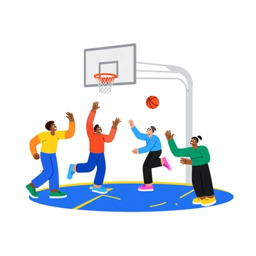A group of five players competing intensely for a basketball beneath a large hoop. Two players, one in a red jersey and the other in a blue jersey, leap into the air, stretching out their arms towards the ball. The player in the red jersey has curly hair and a determined expression, while the player in the blue jersey has short hair and an aggressive stance. Two other players, one in a yellow jersey and the other in a green jersey, are positioned nearby, ready to intercept. The basketball hoop is mounted on a sturdy backboard, and the court is marked with bright lines, reflecting a vibrant athletic atmosphere.