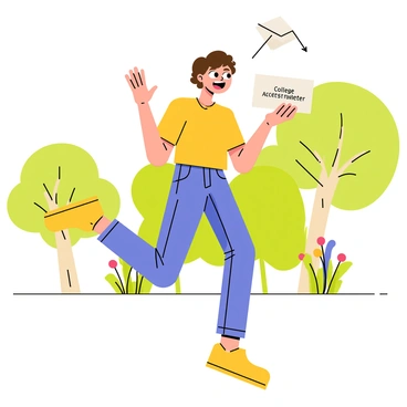A teenager with short, brown hair is jumping with joy in a vibrant park. They are wearing a bright yellow t-shirt and blue jeans. In their right hand, they hold a white envelope labeled "College Acceptance Letter" in bold letters. Their face is lit up with excitement, showing wide eyes and a big smile. Surrounding them are green trees and colorful flowers, adding to the cheerful atmosphere of the moment.