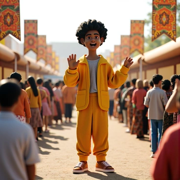 A vibrant host with bright clothing and a welcoming smile stands at the center of the image. The host has medium brown skin and curly hair, holding a microphone and gesturing enthusiastically. In the background, there are colorful ethnic decorations, including banners with intricate patterns and traditional fabrics hanging from the sides. The festival atmosphere is lively, with small groups of people mingling and enjoying the event. The sunlight casts warm tones over the scene, enhancing the festive mood.