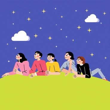A group of four friends lying on a vibrant green grassy hill, each wearing colorful clothing. They are positioned in various relaxed poses, with their heads close together and arms sprawled out. Above them is a deep blue night sky, filled with numerous twinkling stars that sparkle brightly. A few fluffy white clouds drift across the sky, casting soft shadows on the hill. The friends have expressions of wonder and joy as they gaze up, creating a peaceful and cheerful atmosphere.