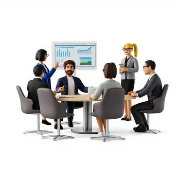 A group of four professionals engaged in a discussion around a large digital screen. The first professional, a woman with short black hair, wears a blue blazer and glasses. She points at the screen while speaking. The second professional, a man with curly brown hair and a beard, is sitting at a round table, leaning forward and actively listening. He wears a white shirt and a navy blue sweater. The third professional, a woman with long blonde hair tied in a ponytail, stands beside the screen, holding a tablet and taking notes. She is dressed in a black dress. The fourth professional, a man with glasses and a neatly trimmed mustache, is seated, looking thoughtfully at the screen, dressed in a gray suit. The digital screen displays graphs and images related to their discussion, with a bright, modern office setting in the background.