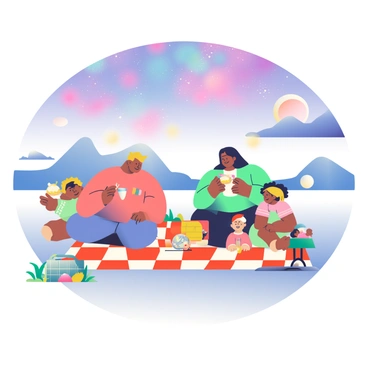 A family picnicking on a distant planet with a spectacular view of nebulae in the sky