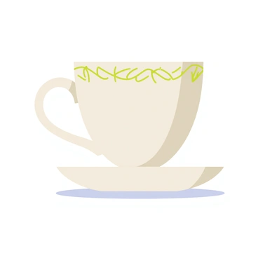 A delicate tea cup with a smooth, glossy white surface. The edge of the cup features intricate "chive motifs" painted in varying shades of green, delicately intertwining around the rim. The handle of the cup has an elegant curve, and the cup is positioned on a small, round saucer that matches its design. A soft shadow is cast beneath the cup, enhancing its delicate appearance.