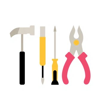 A neatly arranged set of essential tools on a flat surface. The tools include a shiny silver hammer with a black handle, a yellow and black screwdriver with a flat tip, and red and silver pliers with a gripping handle. The tools are placed parallel to each other, showcasing their clean lines and purposeful design. Each tool is positioned to highlight its functionality and craftsmanship.
