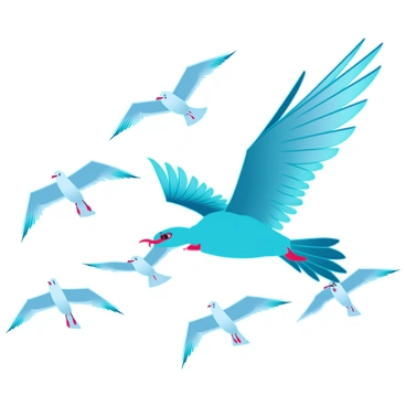 A heroic bird with vibrant, iridescent plumage, including shades of blue and green, is soaring majestically through a clear sky. Its powerful wings are outstretched, catching the wind as it glides effortlessly. The bird has a confident expression, embodying strength and agility. Surrounding it is a dynamic flock of seagulls, their white feathers contrasting against the superhero bird's colors. The seagulls are flying in formation, creating a sense of movement and energy as they race alongside the hero bird. The sunlight reflects off the feathers, adding a shimmering quality to the scene.