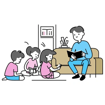 A family of four is seated comfortably in their living room. The father, wearing a blue shirt and jeans, is sitting on a brown sofa while holding an open Bible. Next to him, the mother, dressed in a light sweater and plaid skirt, is leaning in, attentively listening. On the floor, two children, a boy in a red t-shirt and shorts and a girl in a pink dress, are sitting cross-legged, both looking at a page in the Bible. The room is warmly lit, with a small bookshelf filled with books in the background and a potted plant in the corner.