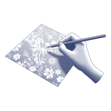 A hand gripping a colored pencil, with the fingers positioned firmly around the shaft. The pencil is pointed towards a piece of paper that is covered in a detailed floral pattern. The floral design includes various flowers, leaves, and intricate details, creating a vibrant composition. The hand is poised as if about to add color to the next section of the pattern, showcasing the engagement in the artistic process. The background is simple to keep the focus on the hand and the paper.