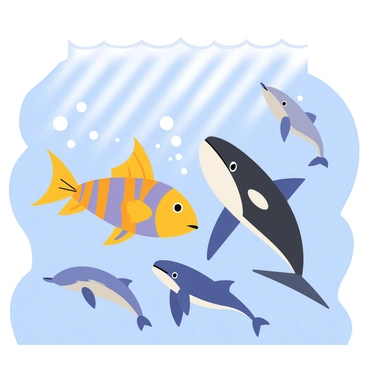 An angelfish with vibrant orange and blue stripes swims gracefully through clear blue waters. Surrounding the angelfish are two large gray whales, their mouths open as if singing, with bubbles rising around them. Nearby, a playful group of sleek dolphins leaps and spins, their smooth skin catching the light. The scene captures the movement of the ocean, with gentle waves and sunlight filtering down from above, illuminating the aquatic life below.