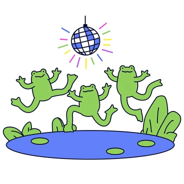 A group of frogs with vibrant green skin is dancing energetically around a sparkling disco ball that hangs above a pond. The disco ball reflects colorful lights, creating patterns on the water's surface. The frogs are posed mid-leap, their limbs extended as they move rhythmically. The pond is surrounded by lush green foliage and lilypads floating on the surface. The scene is filled with a sense of movement and joy.