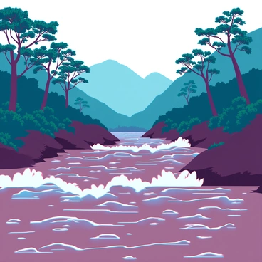 A turbulent river swollen with rainwater rushes through a wide valley. The water is a muddy brown color, churning violently as it flows. Trees line the banks of the river, with their trunks partially submerged, and some branches are visible above the surface. The foliage is lush and green, contrasting with the dark, turbulent water. In the background, rolling hills rise up on either side of the valley, creating a dramatic landscape.
