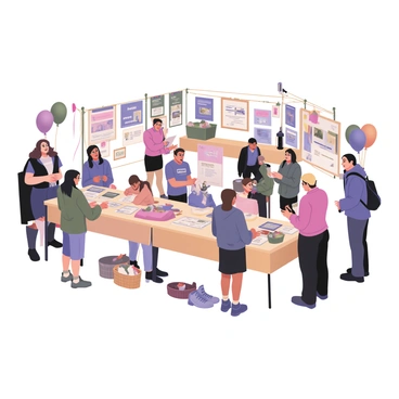 A digital flat illustration depicting a lively fundraising event. In the center, there is a long table showcasing a variety of items for the silent auction, including framed artworks, certificates for local services, and baskets filled with gourmet goods. Around the table, a diverse group of attendees engages with the items, some reading bid sheets, while others converse with one another. Various local businesses are represented by their banners displayed prominently around the area. In the background, a stage is set up with a microphone and speakers, and a small group of people is gathered, listening attentively. Colorful balloons and streamers decorate the space, adding to the festive atmosphere.