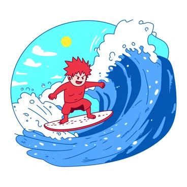 A toyotaro character skillfully surfing huge ocean waves under a sunny sky