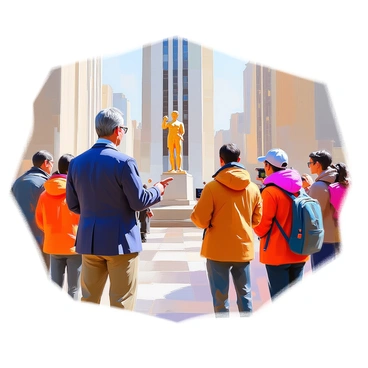 A historian with short, dark hair and glasses is standing in front of Rockefeller Center, engaging a tour group. The historian is dressed in a tailored navy blazer and khaki trousers, holding a notebook and pointing towards the iconic buildings. The group, consisting of diverse individuals including men and women of various ages, listens attentively. A few members are taking notes, while others are taking photos. The Rockefeller Center is prominently featured in the background, showcasing its distinctive Art Deco architecture and the famous golden statue of Prometheus. The scene is vibrant, filled with the energy of the bustling city around them.