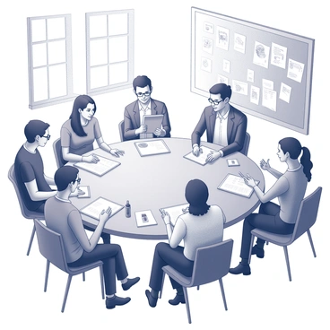 A round table is surrounded by several illustrators actively discussing ideas. Each illustrator holds sketchpads or digital tablets, with some papers spread out across the table displaying various drawings and notes. The room is filled with creative tools such as markers and colored pencils. Natural light streams in through large windows, illuminating the focused expressions of the illustrators as they share their thoughts. The setting is casual and collaborative, with a whiteboard in the background covered in doodles and brainstorming notes.