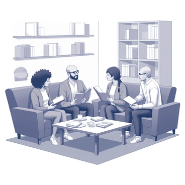 A diverse group of friends is seated in a cozy living room. There are five individuals: a woman with curly hair, a man with glasses, a person with a shaved head, a woman with braids, and a man with a beard. They are gathered around a coffee table filled with open books, cups of tea, and snacks. The walls are lined with bookshelves filled with various books. The friends are animatedly discussing a book, with some holding their copies and making gestures to emphasize their points. The ambiance is warm and inviting, with soft lighting illuminating the space.