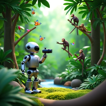 A humanoid AI robot with a sleek metallic body, equipped with sensors and cameras, is documenting wildlife in a lush tropical rainforest. The robot stands on a moss-covered ground, surrounded by towering green trees with broad leaves. Various exotic birds can be seen perched on branches, their vibrant colors contrasting with the dense greenery. In the background, colorful butterflies flutter around, and a small stream flows gently nearby. The robot’s camera is pointed towards a family of monkeys playing in the trees, capturing the lively scene. Sunlight filters through the thick foliage, creating dappled light patterns on the forest floor.
